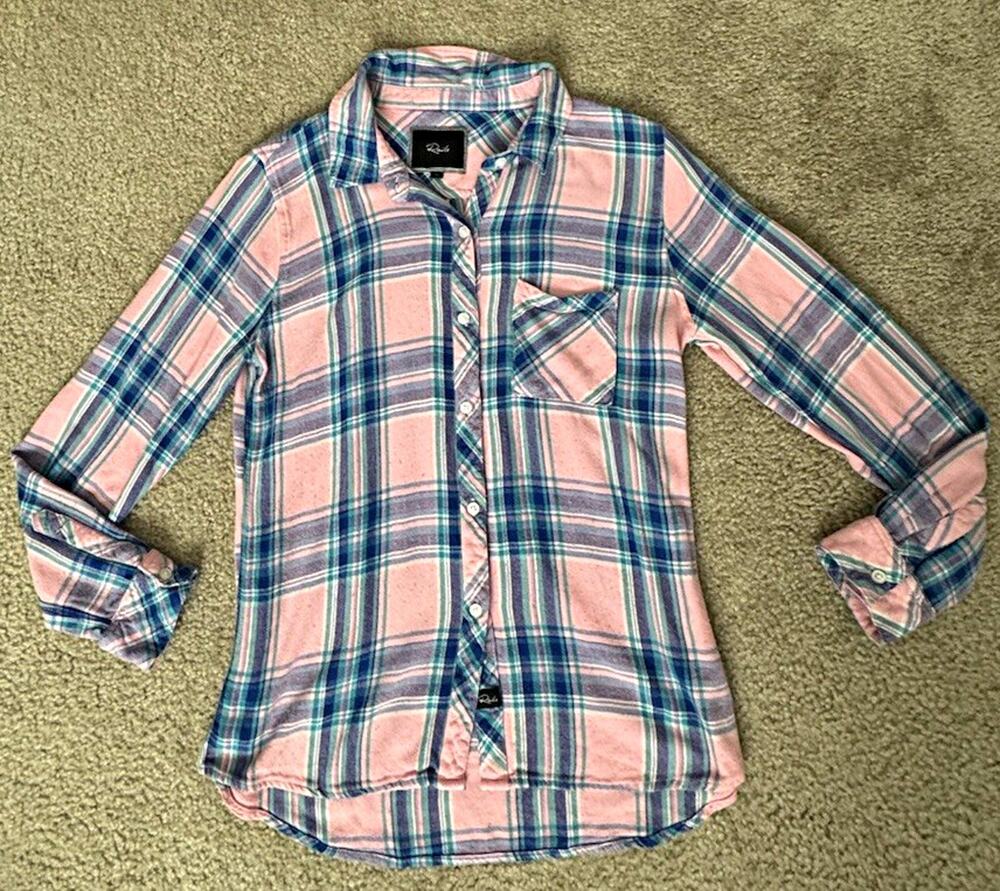 Rails Womens M Pink Blue Plaid 100% Rayon Button Down Shirt Graphic Back